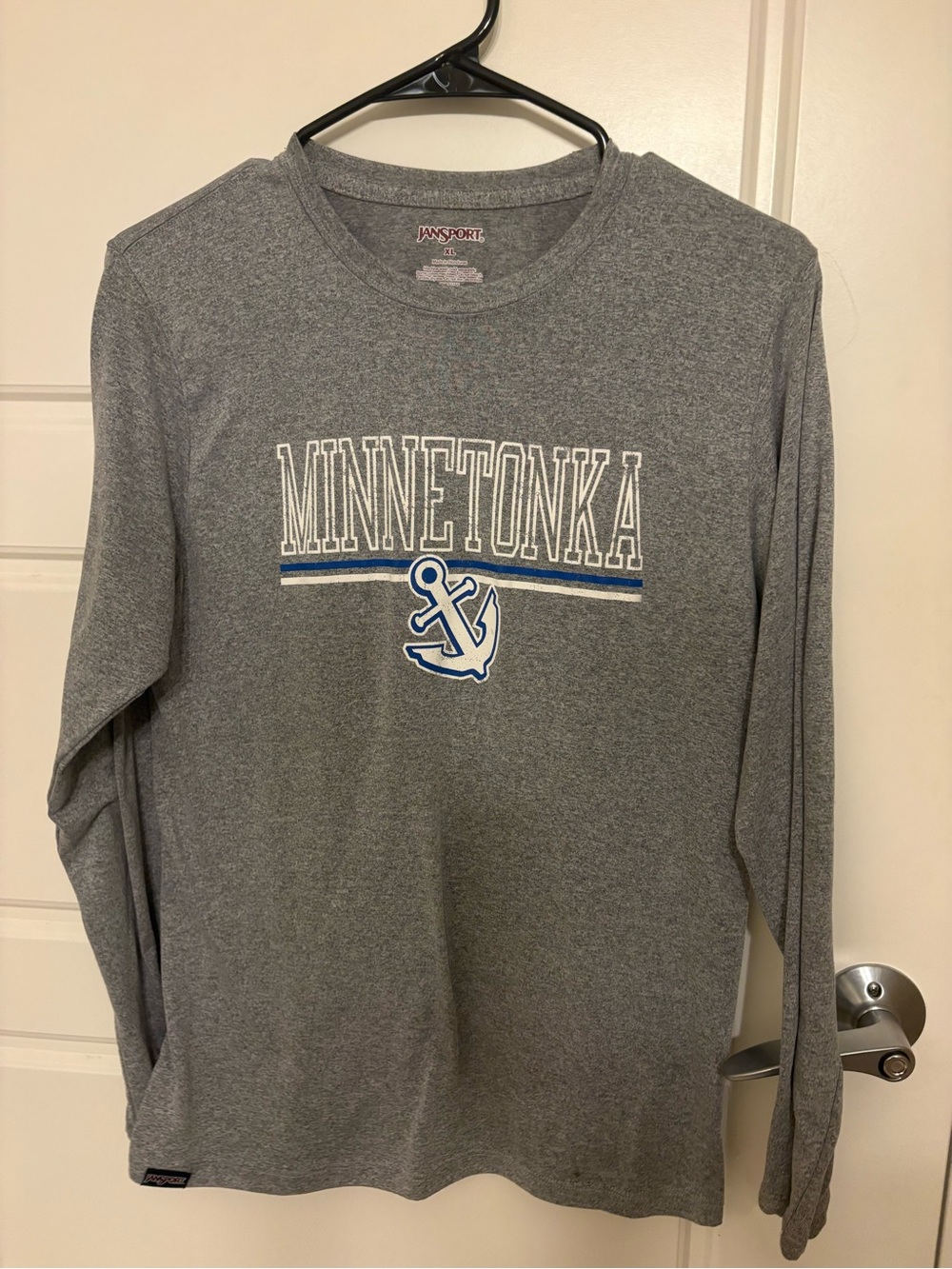 Jansport Grey Long Sleeve Minnetonka Graphic Tee with Blue Accent and Anchor